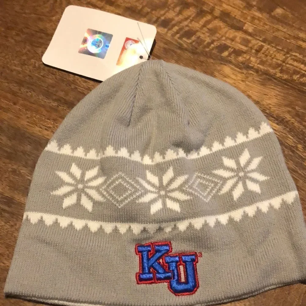 KANSAS JAYHAWKS HEADMASTER CAMPUSWEAR EMBROIDERED GRAY AND WHITE KNIT BEANIE CAP